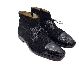Bottino Pebbled Leather Alligator Cap Toe Oxford Boots Men's 8M Black Italy Taps